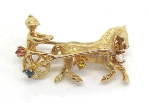 14K Yellow Gold Horse Drawn Sulky Pin w Diamond Citrine etc 4.5 grams - Picture 1 of 3