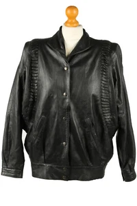 Womens Leather Jacket Coat Snap On Smart Retro 90's Vintage Black Size L -C2011 - Picture 1 of 4
