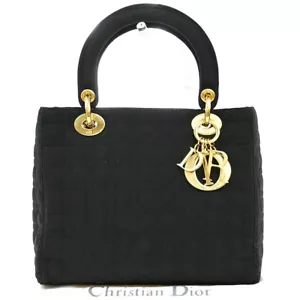 CHRISTIAN DIOR Lady Cannage 2Way Shoulder Hand Bag Nylon Leather Black 75EE107 - Picture 1 of 16