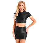 Women Crop Top and Skirt Glossy Oil Slim Fit Outfits Shiny Shirts Bodycon Skirts