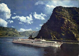 Rhein Schiff Rhine Ship Fahrgastschiff MS BRITTANIA passiert die Lorely, ~1970 - Picture 1 of 2