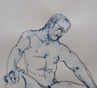 Original Pen & Ink Drawing of a Muscular Male Nude in a Squatting Pose