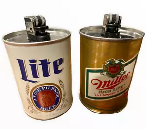 2 Vintage Miller Lite & High Life Beer Tabletop Miniature Metal Can Lighter Set - Picture 1 of 9