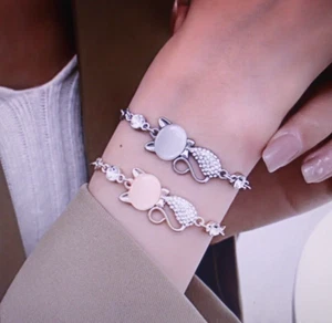 Kitty Cat Rhinestones Bracelet Jewelry SilverTone White 7in. Gift NIP - Picture 1 of 5