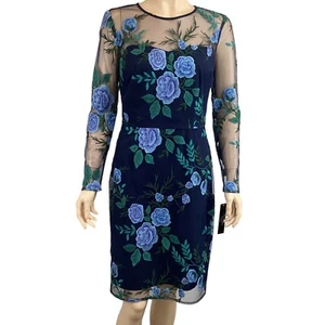 Tahari NWT Navy Blue Floral Embroidered Sheer Mesh Overlay Dress Size 4 long sle - Picture 1 of 9