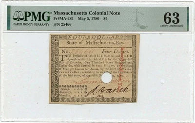 Billete colonial de Massachusetts de 5 de mayo de 1780 FR#MA-281 PMG CU63 Foto 1 de 2
