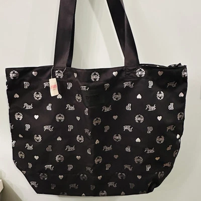 Victoria’s Secret PINK Black Tote Bag Silver Print Fabric Canvas Large New - Image 1 of 4
