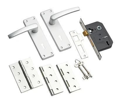 Manilla Lever Lock Door Handle Sashlock - Satin Aluminium - Complete Door Pack - Image 1 of 4