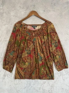 Lauren Ralph Lauren Shirt Womens XL Red Green Paisley Boho Peasant Colorful - Picture 1 of 9