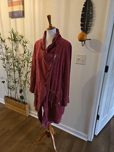 Lagenlook Washed Linen Wine Color Assymetrical Duster Trench Jacket, L - Picture 1 of 6