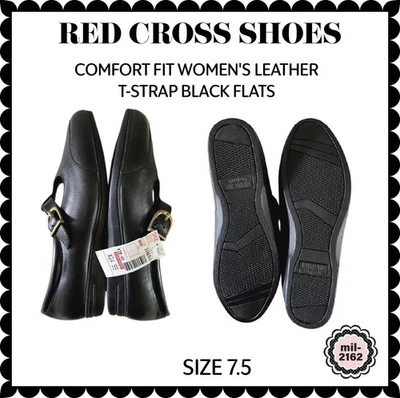 CRUZ ROJA CONFORT FIT CORREA EN T DE CUERO PARA MUJER ZAPATOS PLANOS NEGROS - NUEVOS CON ETIQUETAS Foto 1 de 4
