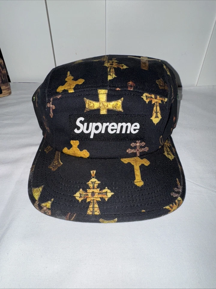 Gorra de campamento SUPREME Crosses SS13 negra 5 paneles Bogo caja logotipo lona rara Foto 1 de 4