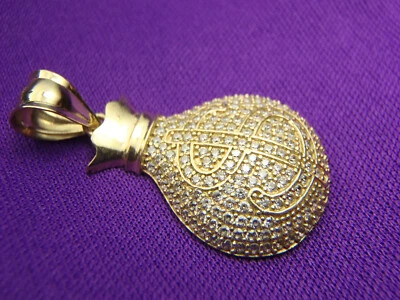 10K Yellow Gold Dollar Sign Cubic Zirconia Money Bag Pendant Statement Charm Foto 1 de 4