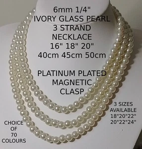 6mm 3 STRAND Glass Pearl Necklace CHOICE OF 3 LENGTHS AND 70 COLOURS SHORT - Picture 1 of 92
