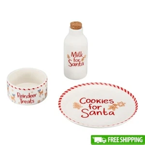 Santa Cookie Plate Milk Bottle Reindeer Treats Bowl Holiday Ceramic Set Multi US - Afbeelding 1 van 5