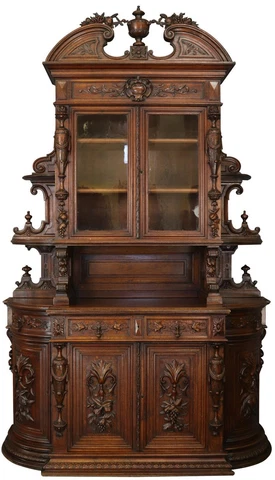 Antique Buffet Renaissance French Elegant Carved Oak Urns Grapes Glass Doors Cover