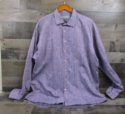 ETRO Shirt Mens 46 XL Purple Paisley Striped Cotton Milano Dress Button Up - Image 1 of 4
