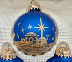VINTAGE 4 KREBS BLUE AND GOLD NATIVITY XMAS TREE ORNAMENTS - Picture 1 of 7