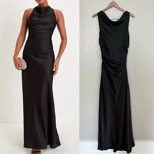 Neu ohne Etikett mühelos sensationelles schwarzes rückenfreies Satin Maxikleid - Bild 1 von 7