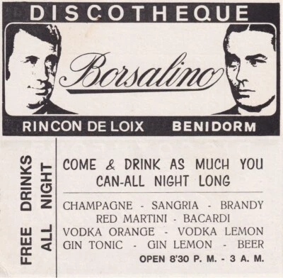 Eintrittskarte BORSALINO um 1972 Benidorm DISCOTHEQUE Rincon de Loix BILLET GUT - Bild 1 von 4