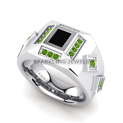Peridot Round Cut Gemstone With 925 Sterling Silver Ring For Men #D213 - Image 1 of 4