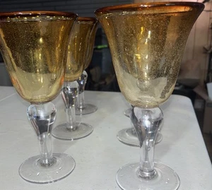 Vintage Set of 6 Artland Iris Amber Hand Blown Bubble Glass Water/Wine Goblets - Picture 1 of 10
