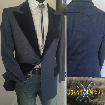 RARE Vintag 70s Johnny Carson Western Blue Denim/Velvet Men 42 Blazer Sport Coat - Image 1 of 4