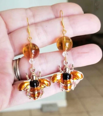 Pendientes de abejorro de oro de 14k, pendientes ámbar, pendientes de cuentas ámbar, pendientes de oro Foto 1 de 4