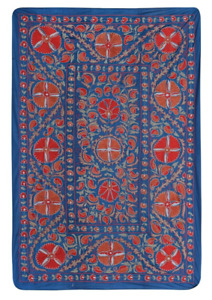Silk Suzani from Uzbekistan, Central Asia Blue Silk Samarkand Wall Hanging Decor