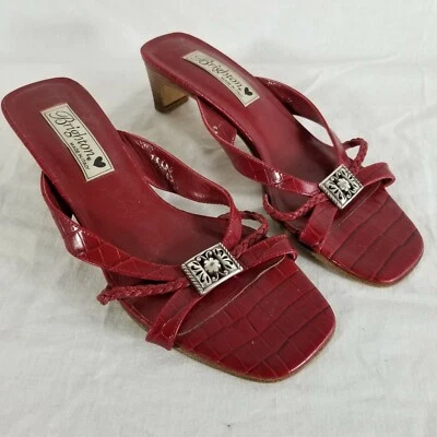 Brighton Kayla Red Leather Moc Croc Sandals Slip-Ons Pumps Heels 7 M  2" Heels - Image 1 of 4