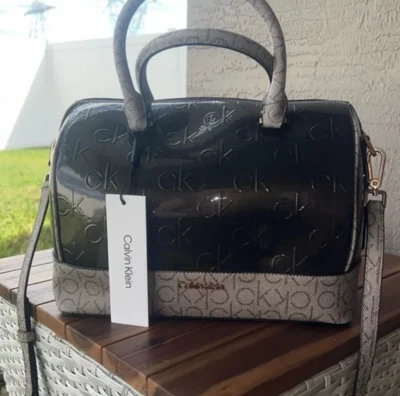 NWT Calvin Klein Brown Patent Ashley Barrel Bag Satchel Purse Crossbody - Image 1 of 4