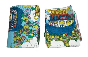 Vintage Noah Ark Flat Fitted Sheet Sears 2pc Set Mod Psychadelic Cutter 72”x97” - Picture 1 of 4