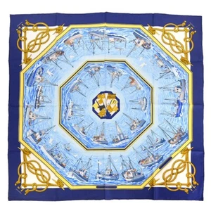 Hermes Scarf Carre 90 Retour de Peche Blue Small Good 184617 - Picture 1 of 4