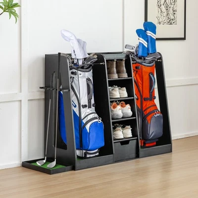 Premium Wooden Golf Bag Organizer Clubs Golf Storage Rack Holds 2 Golf Bags - Image 1 of 4