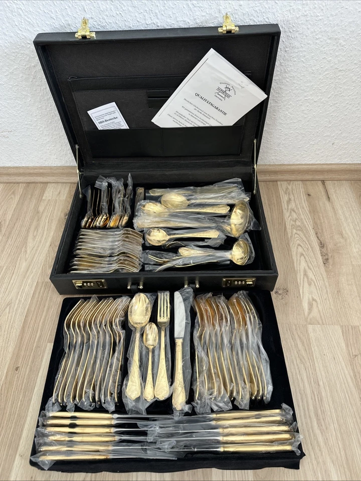 SBS Solingen Besteckset 12 Personen, 70tlg, 23/24 Karat, Unbenutzt , Gold - Bild 1 von 4