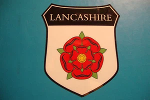 2x LANCASHIRE COUNTY FLAG SHIELDS UK CAR WINDOW BUMPER  STICKERS  RED ROSE   - Picture 1 of 1