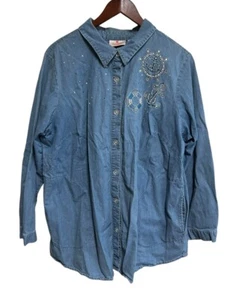 Quacker Factory Damenhemd Größe 1X plus Knopfleiste Perlen maritim Denim - Bild 1 von 6