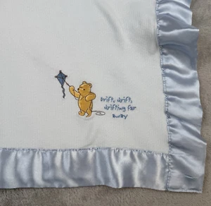 Classic Winnie the Pooh Baby Blanket Wide Satin Trim Disney Blue Kite Nursery - Picture 1 of 13