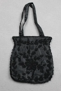 Vintage Black Satchel Purse Evening Bag Satin Beaded Made in Hong Kong 1960s - Picture 1 of 6
