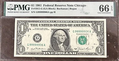 1981 Federal Reserve Note Chicago $1 PMG Gem Uncirculated 66 EQP G99999906A - Image 1 of 2