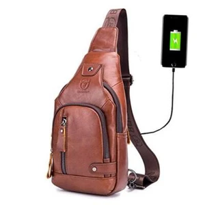 Sling Bag Crossbody Backpack with USB Charging Port Genuine Leather Brown - Picture 1 of 7