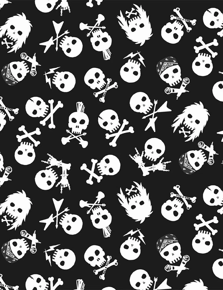Tecido de algodão colcha 3 jardas - Dear Stella Pour Some Sugar Rock n Roll Skulls preto - Imagem 1 de 1