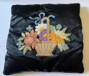 Vintage Punch Needle Pillow Flower Basket Black Silk Antique Just Lovely! - Picture 1 of 7