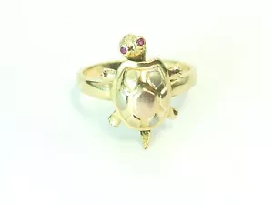 14k Yellow Gold Ruby Eyes Movable Baby Turtle 4.4 Grams Ring Size 6 3/4" - Picture 1 of 10