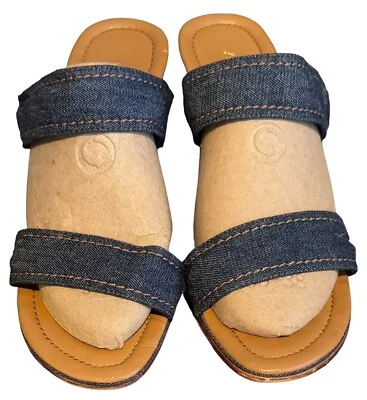 Sandalia con correa de mezclilla azul puente aerosoles zapato tela deslizable tacón superior 3" 7B Foto 1 de 4