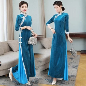 Lady Chinese Cheongsam Long Dress Maxi Velvet Lace Mandarin Collar Ethnic Dress - Picture 1 of 16
