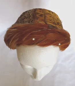 Vintage 40s 50s Pheasant Feather Hat Skull Cap Headband - Picture 1 of 5