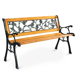 Costway 49 1/2" Patio Park Garden Porch Chair Bench Cast Iron Hardwood Rose - Picture 1 of 10