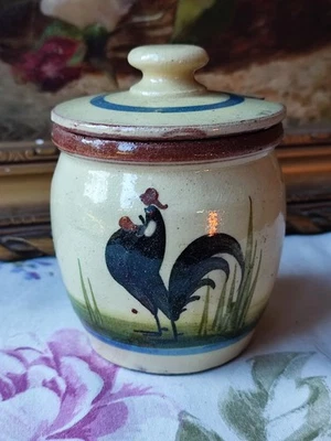 ANCIEN POT CONFITURIER TERRE CUITE VERNISSÉE COQ "HELP YOURSELF TO MARMELADE" - Photo 1/4
