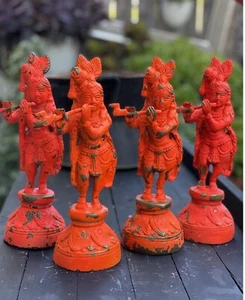 VINTAGE LOTS OF CAST BRASS HINDU GOD KRISHNA COLORED WITH ORANGE FOR PURITY - Picture 1 of 7